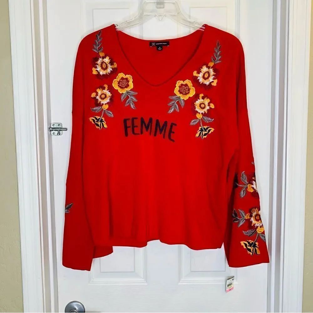 INC Femme Women's Plus Size Floral Embroidered Bell Sleeve Pullover Top Size 2X